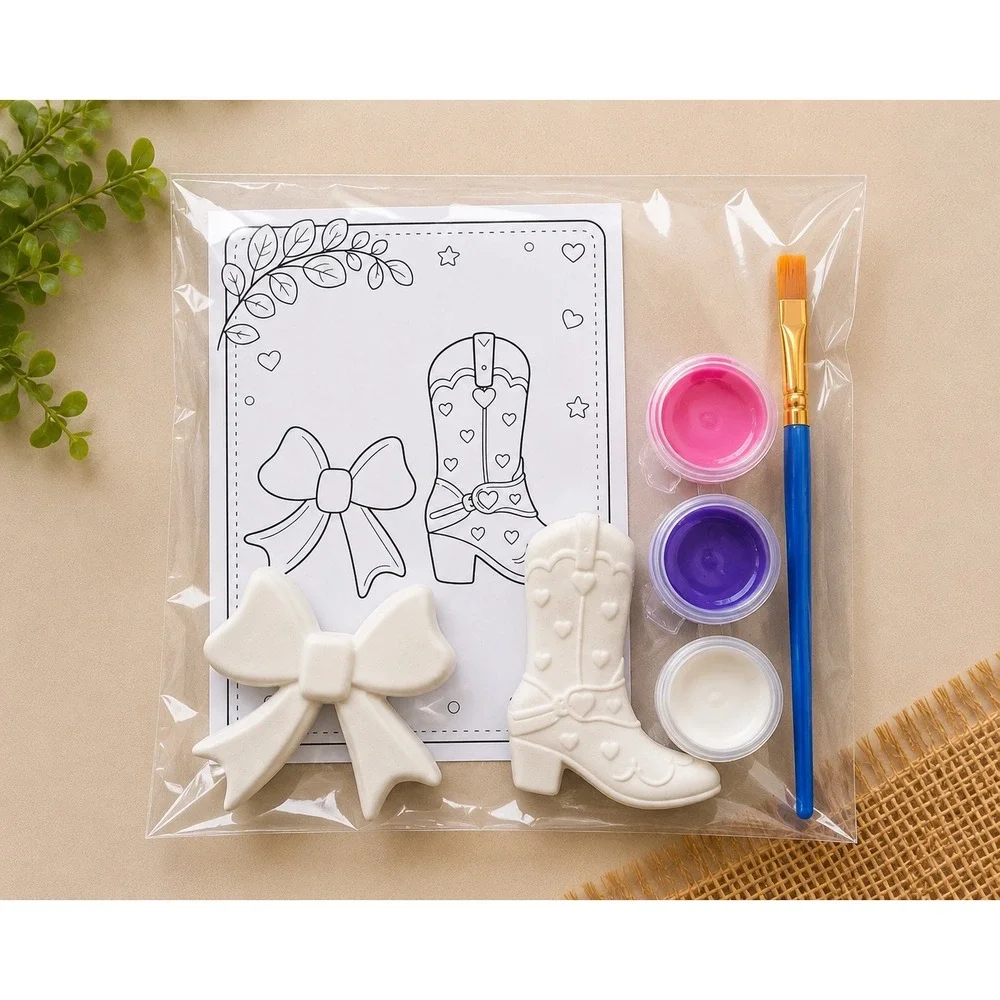 Handmade Cowboy Boot‎ and Bow Plaster Paint Kit Kids White New DIY Craft Set